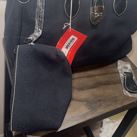 Dooney & Bourke Black DB Logo Canvas Double Handle Tote, Pouch & Key Fob Set - Picture 3 of 7